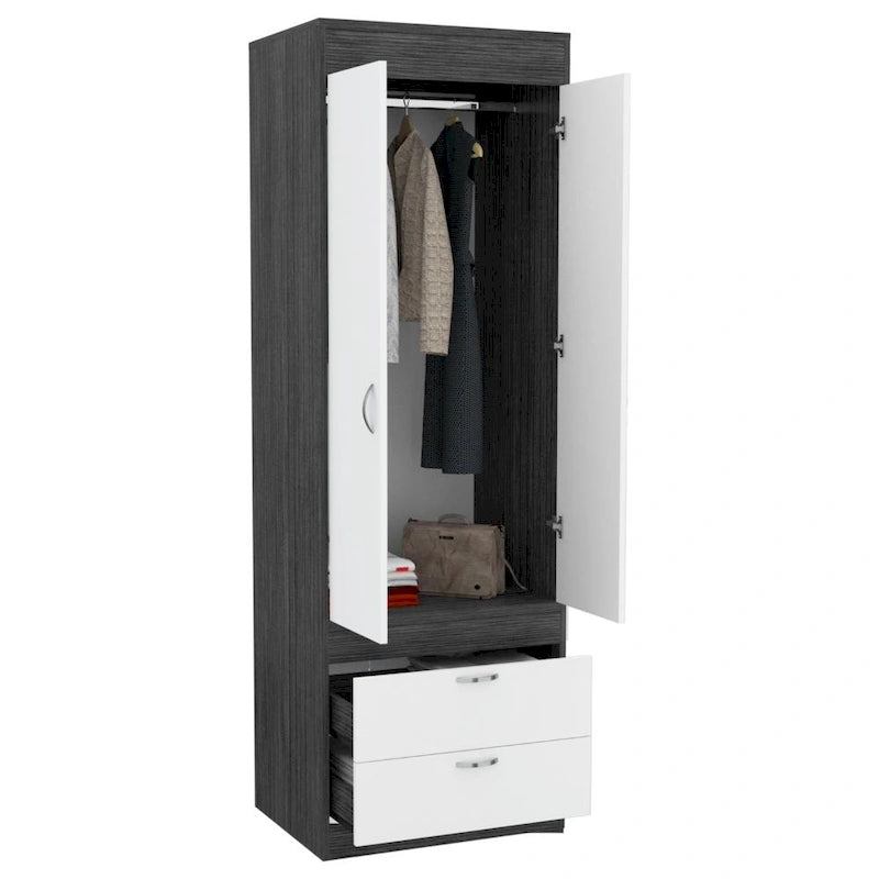 Armoire avec double portes, 2 tiroirs et tringle à vêtements – un seul article – Noir / Blanc / Gris / Chêne clair / Chêne fumé