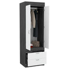 Armoire avec double portes, 2 tiroirs et tringle à vêtements – un seul article – Noir / Blanc / Gris / Chêne clair / Chêne fumé