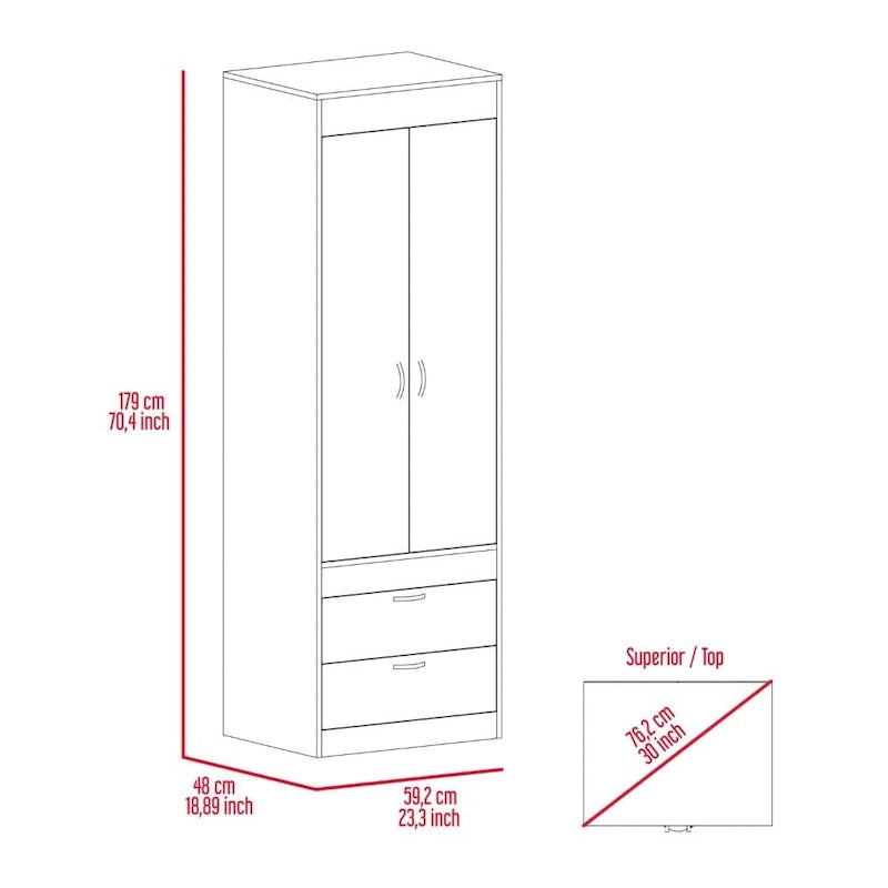 Armoire avec double portes, 2 tiroirs et tringle à vêtements – un seul article – Noir / Blanc / Gris / Chêne clair / Chêne fumé