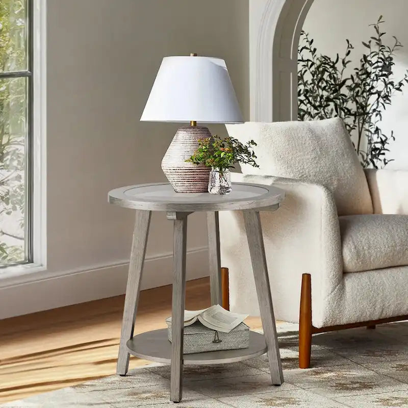 Table d'appoint ronde à deux niveaux avec plateau en verre et étagère inférieure, couleur argent – Simple