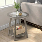 Table d'appoint ronde à deux niveaux avec plateau en verre et étagère inférieure, couleur argent – Simple