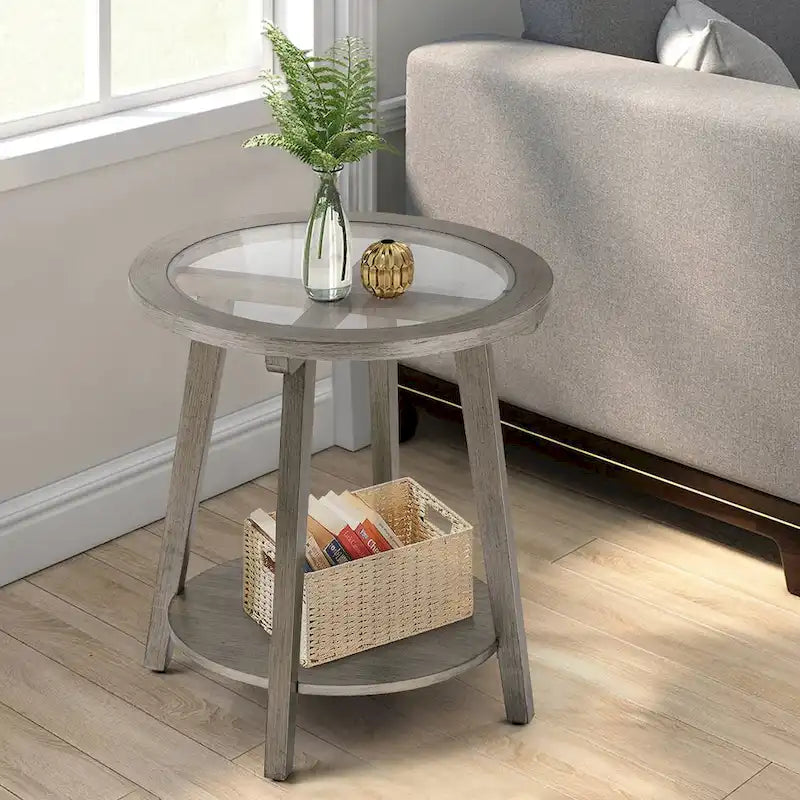 Table d'appoint ronde à deux niveaux avec plateau en verre et étagère inférieure, couleur argent – Simple