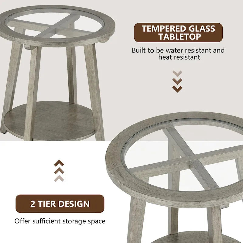 Table d'appoint ronde à deux niveaux avec plateau en verre et étagère inférieure, couleur argent – Simple