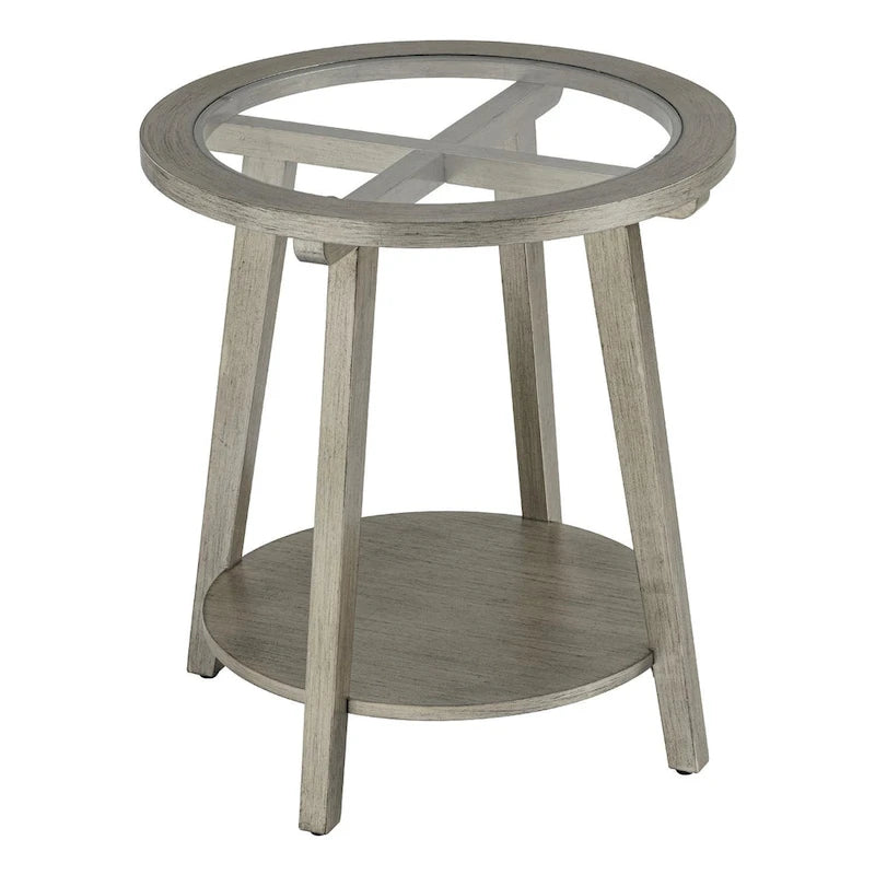 Table d'appoint ronde à deux niveaux avec plateau en verre et étagère inférieure, couleur argent – Simple