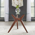 Table à manger ronde en noyer et hévéa avec plateau en verre trempé de 10 mm et pieds inclinés – 4 places