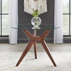 Table à manger ronde en noyer et hévéa avec plateau en verre trempé de 10 mm et pieds inclinés – 4 places