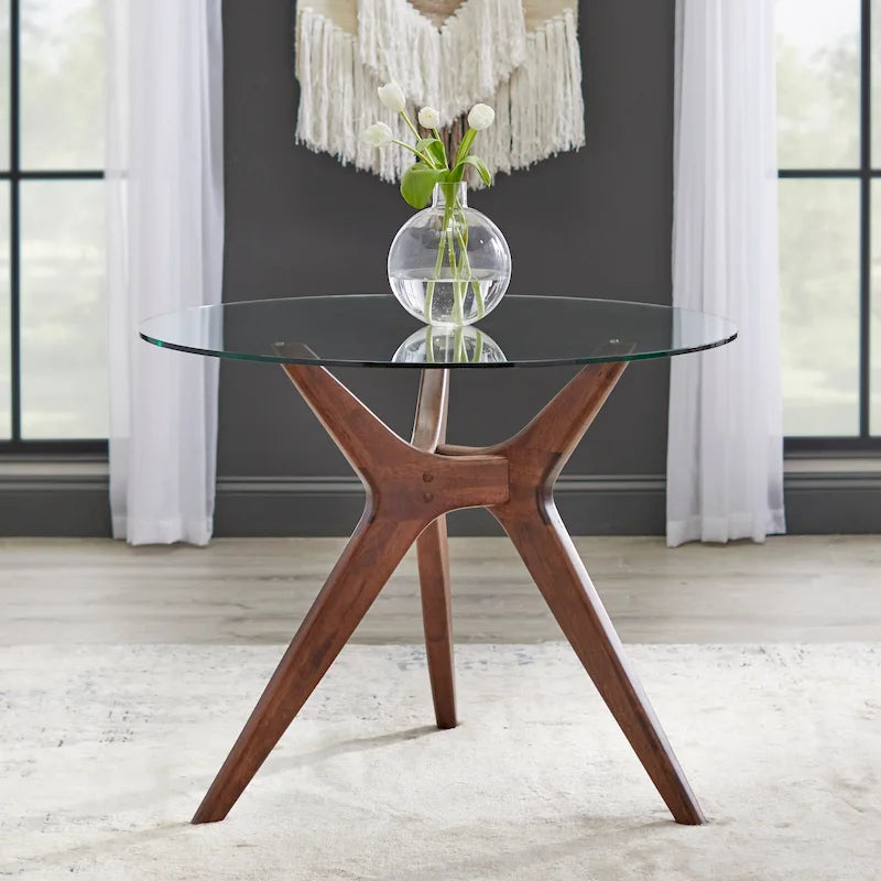 Table à manger ronde en noyer et hévéa avec plateau en verre trempé de 10 mm et pieds inclinés – 4 places