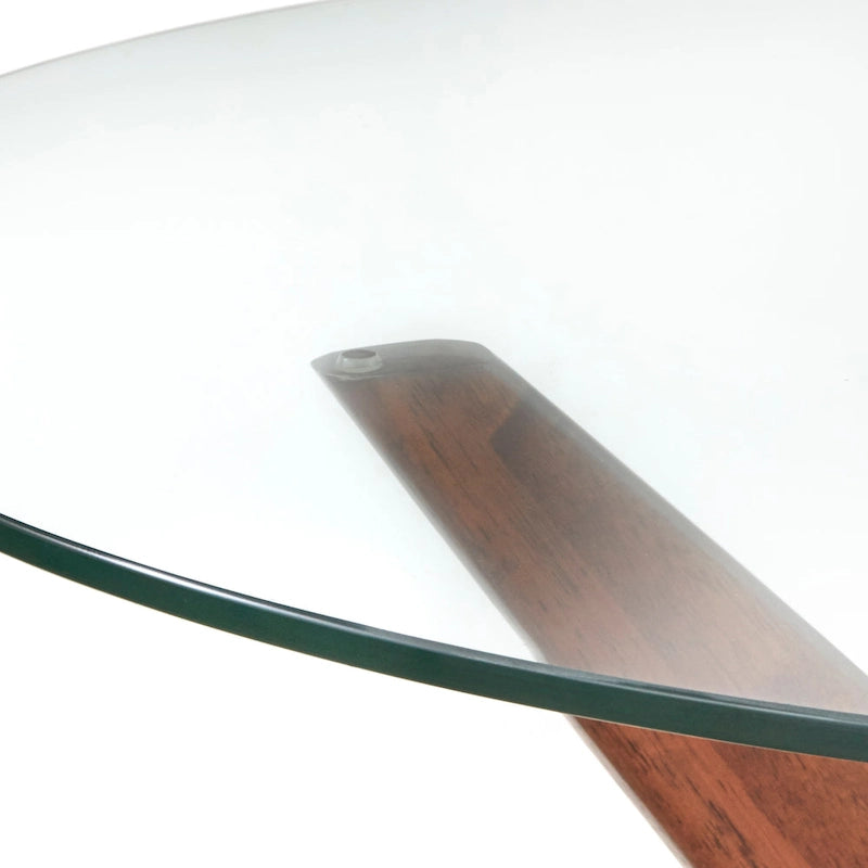 Table à manger ronde en noyer et hévéa avec plateau en verre trempé de 10 mm et pieds inclinés – 4 places