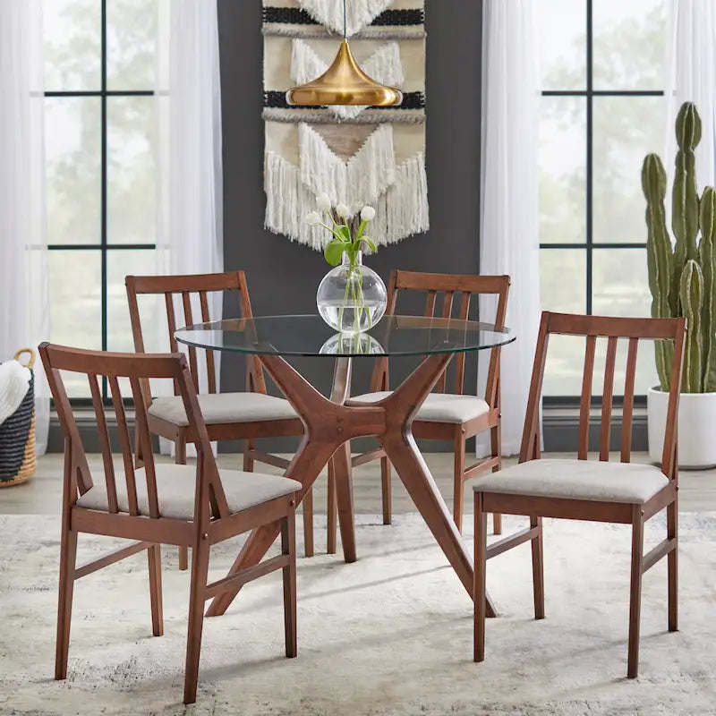 Table à manger ronde en noyer et hévéa avec plateau en verre trempé de 10 mm et pieds inclinés – 4 places