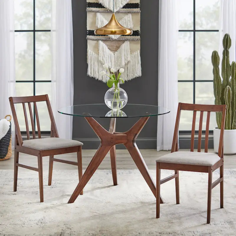 Table à manger ronde en noyer et hévéa avec plateau en verre trempé de 10 mm et pieds inclinés – 4 places