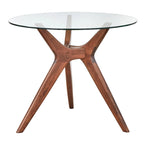 Table à manger ronde en noyer et hévéa avec plateau en verre trempé de 10 mm et pieds inclinés – 4 places