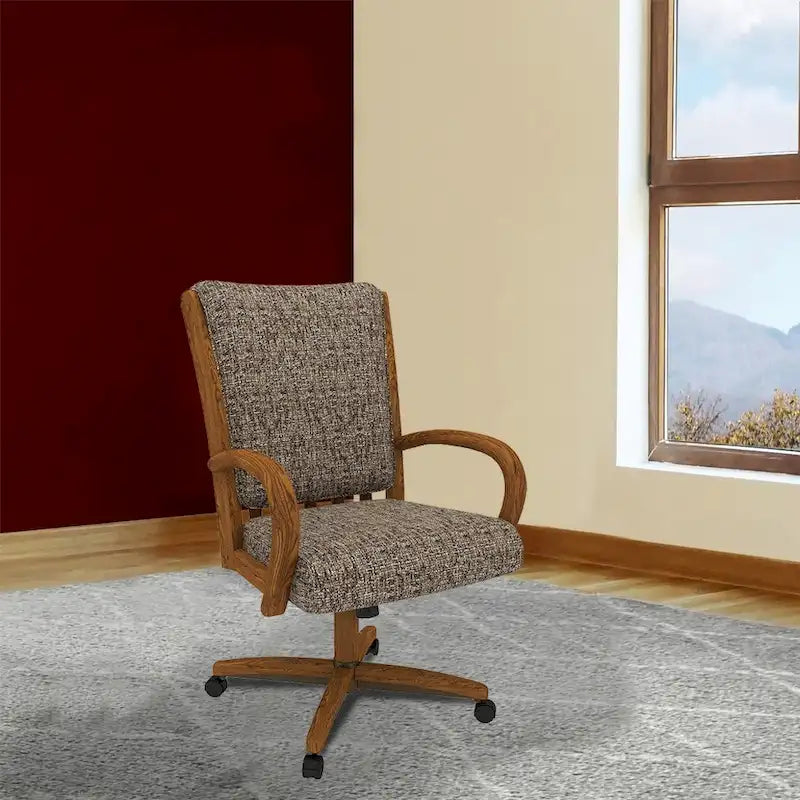 Chaise de salle à manger pivotante à roulettes rembourrée couleur châtaigne avec mousse à mémoire de forme, accoudoirs en bois massif et mécanisme d'inclinaison – Unité