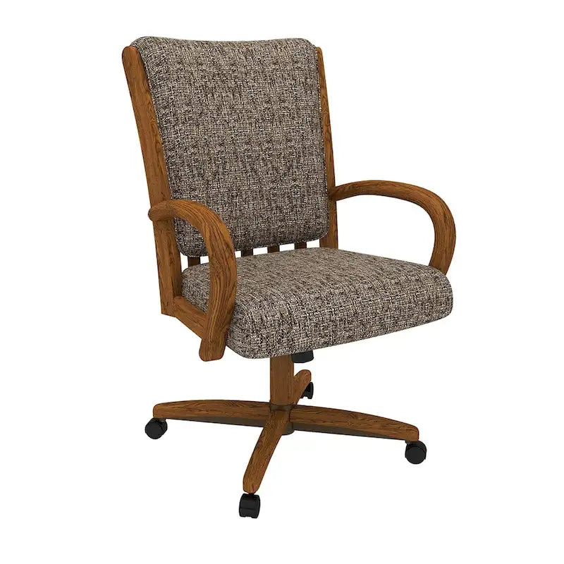 Chaise de salle à manger pivotante à roulettes rembourrée couleur châtaigne avec mousse à mémoire de forme, accoudoirs en bois massif et mécanisme d'inclinaison – Unité