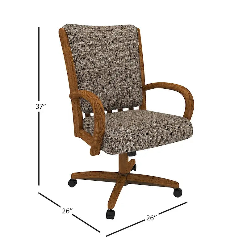 Chaise de salle à manger pivotante à roulettes rembourrée couleur châtaigne avec mousse à mémoire de forme, accoudoirs en bois massif et mécanisme d'inclinaison – Unité