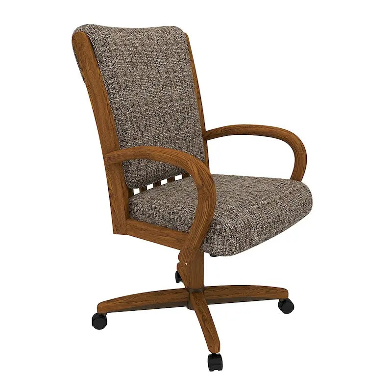 Chaise de salle à manger pivotante à roulettes rembourrée couleur châtaigne avec mousse à mémoire de forme, accoudoirs en bois massif et mécanisme d'inclinaison – Unité
