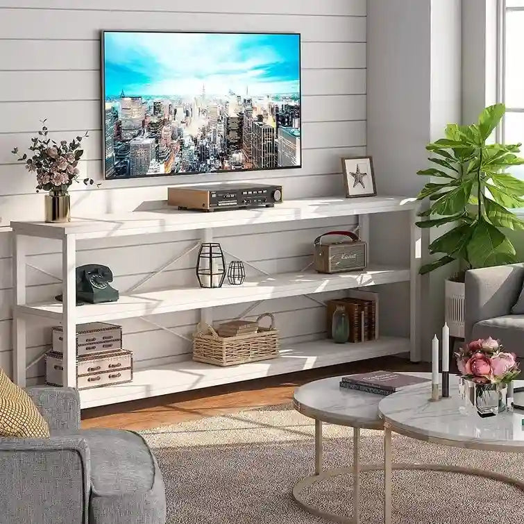 Table console étroite avec étagères à 3 niveaux – Blanc / Marron rustique / Gris / Blanc+Or – 180 cm