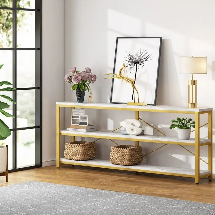 Table console étroite avec étagères à 3 niveaux – Blanc / Marron rustique / Gris / Blanc+Or – 180 cm