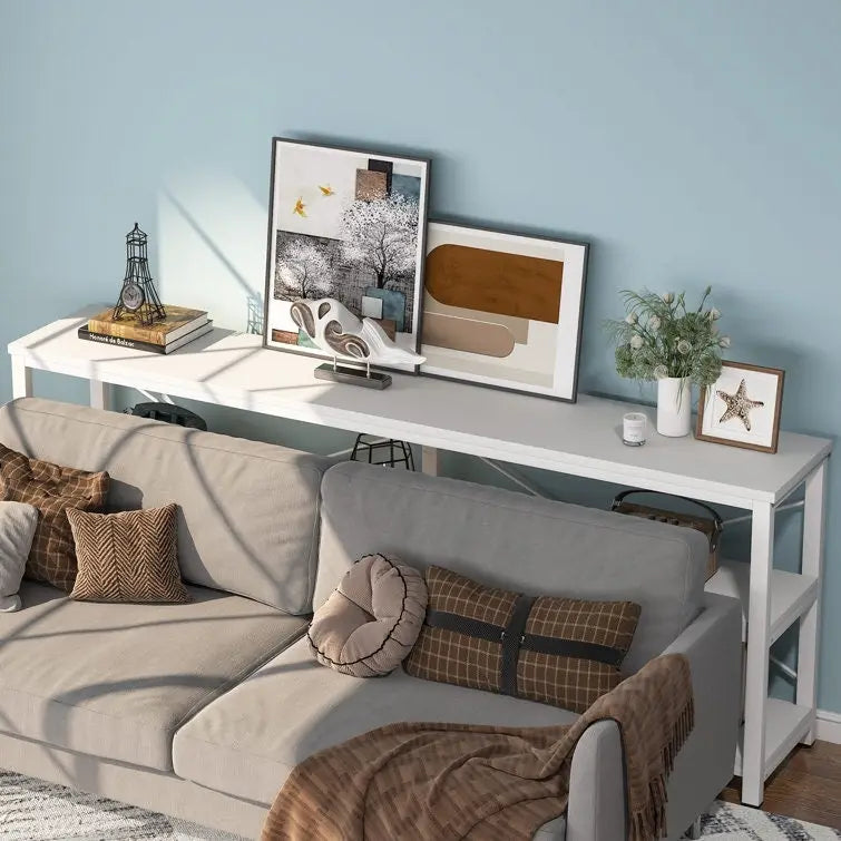Table console étroite avec étagères à 3 niveaux – Blanc / Marron rustique / Gris / Blanc+Or – 180 cm