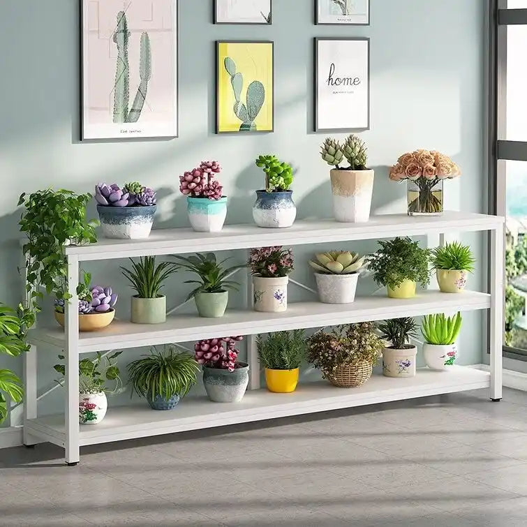 Table console étroite avec étagères à 3 niveaux – Blanc / Marron rustique / Gris / Blanc+Or – 180 cm