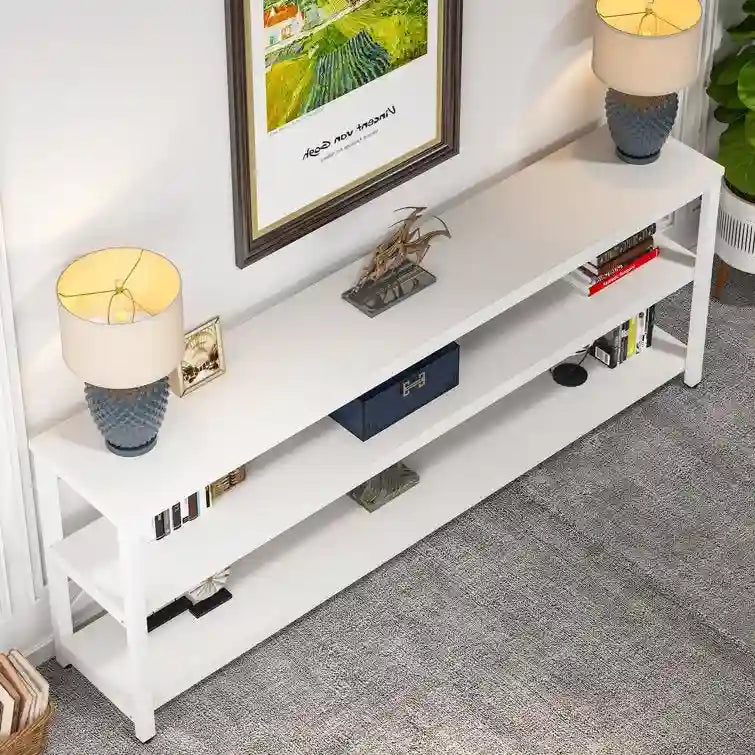 Table console étroite avec étagères à 3 niveaux – Blanc / Marron rustique / Gris / Blanc+Or – 180 cm