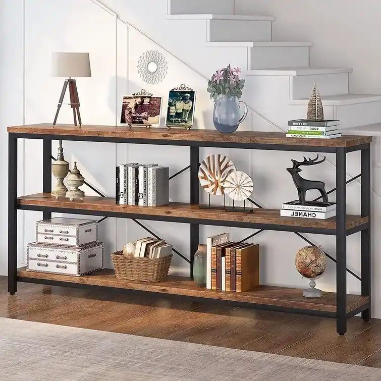 Table console étroite avec étagères à 3 niveaux – Blanc / Marron rustique / Gris / Blanc+Or – 180 cm