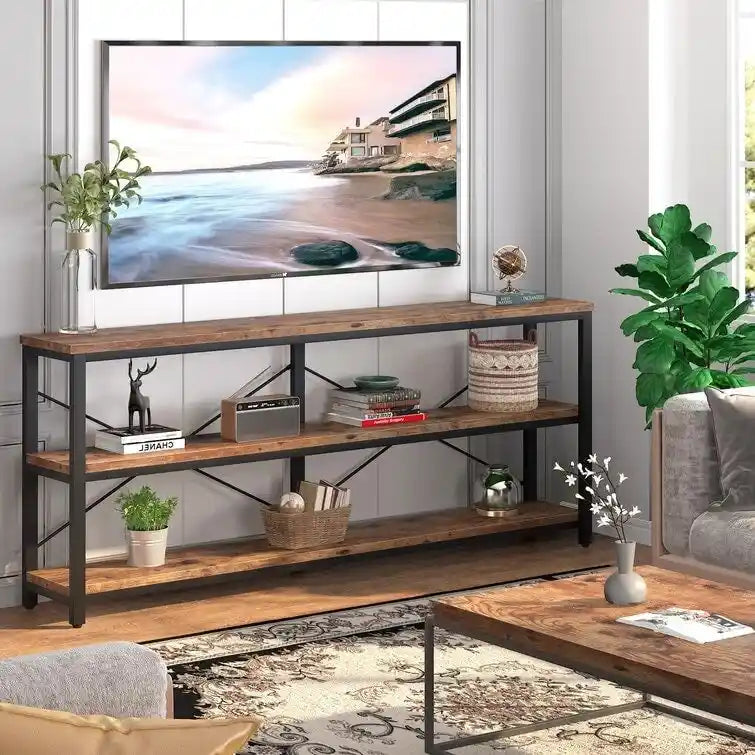 Table console étroite avec étagères à 3 niveaux – Blanc / Marron rustique / Gris / Blanc+Or – 180 cm