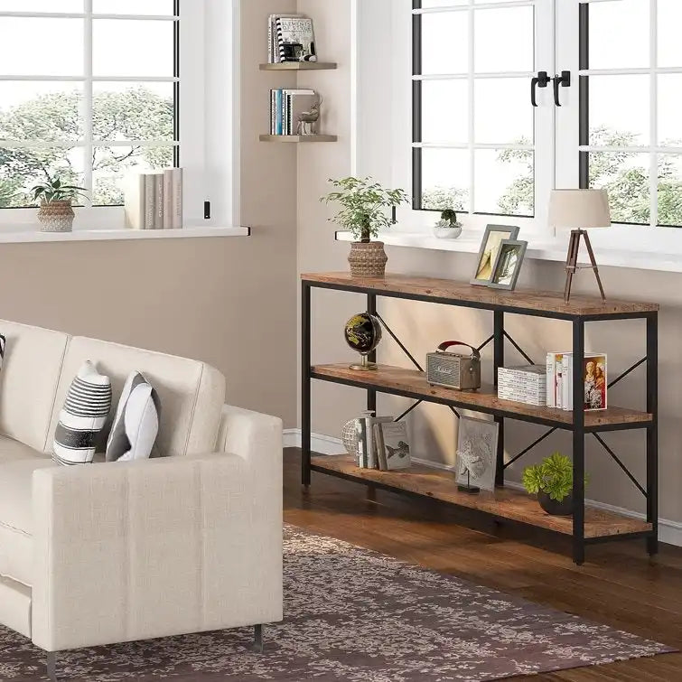 Table console étroite avec étagères à 3 niveaux – Blanc / Marron rustique / Gris / Blanc+Or – 180 cm