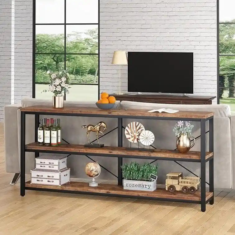 Table console étroite avec étagères à 3 niveaux – Blanc / Marron rustique / Gris / Blanc+Or – 180 cm