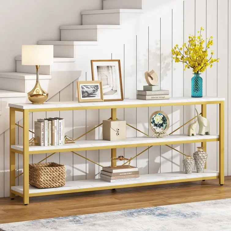 Table console étroite avec étagères à 3 niveaux – Blanc / Marron rustique / Gris / Blanc+Or – 180 cm