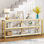 Table console étroite avec étagères à 3 niveaux – Blanc / Marron rustique / Gris / Blanc+Or – 180 cm