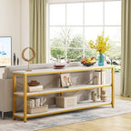Table console étroite avec étagères à 3 niveaux – Blanc / Marron rustique / Gris / Blanc+Or – 180 cm