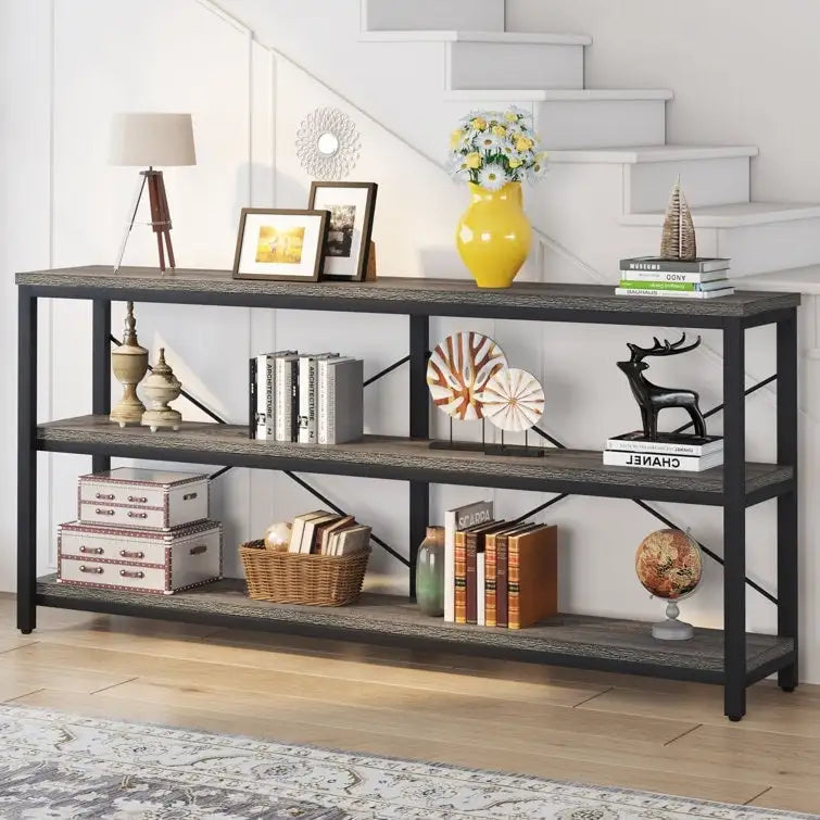 Table console étroite avec étagères à 3 niveaux – Blanc / Marron rustique / Gris / Blanc+Or – 180 cm