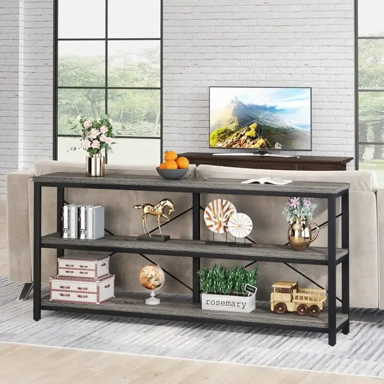 Table console étroite avec étagères à 3 niveaux – Blanc / Marron rustique / Gris / Blanc+Or – 180 cm