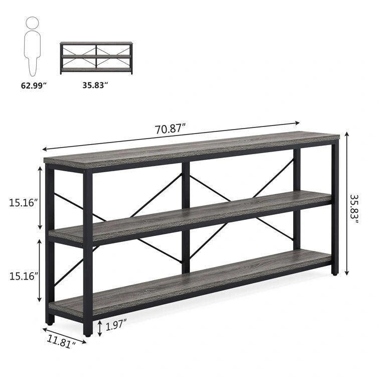 Table console étroite avec étagères à 3 niveaux – Blanc / Marron rustique / Gris / Blanc+Or – 180 cm