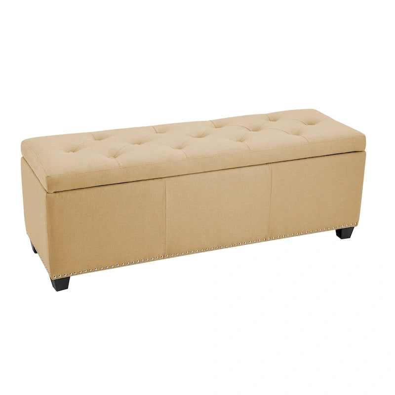 Banc de rangement ottoman en tissu capitonné sable / gris / gris foncé avec garniture cloutée – Simple