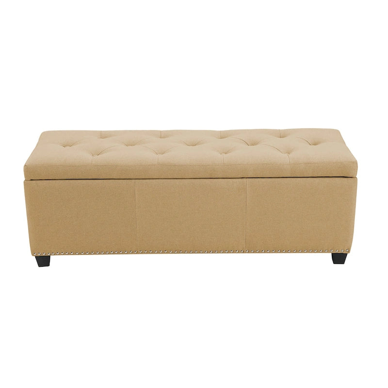 Banc de rangement ottoman en tissu capitonné sable / gris / gris foncé avec garniture cloutée – Simple