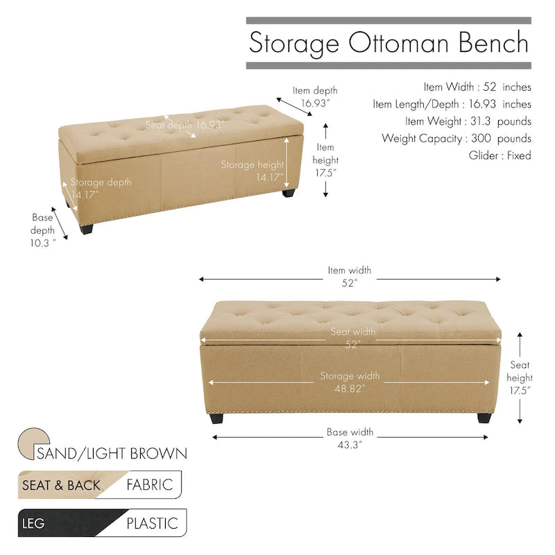 Banc de rangement ottoman en tissu capitonné sable / gris / gris foncé avec garniture cloutée – Simple