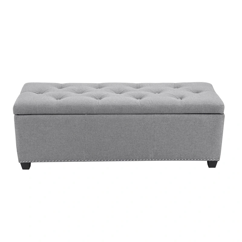Banc de rangement ottoman en tissu capitonné sable / gris / gris foncé avec garniture cloutée – Simple