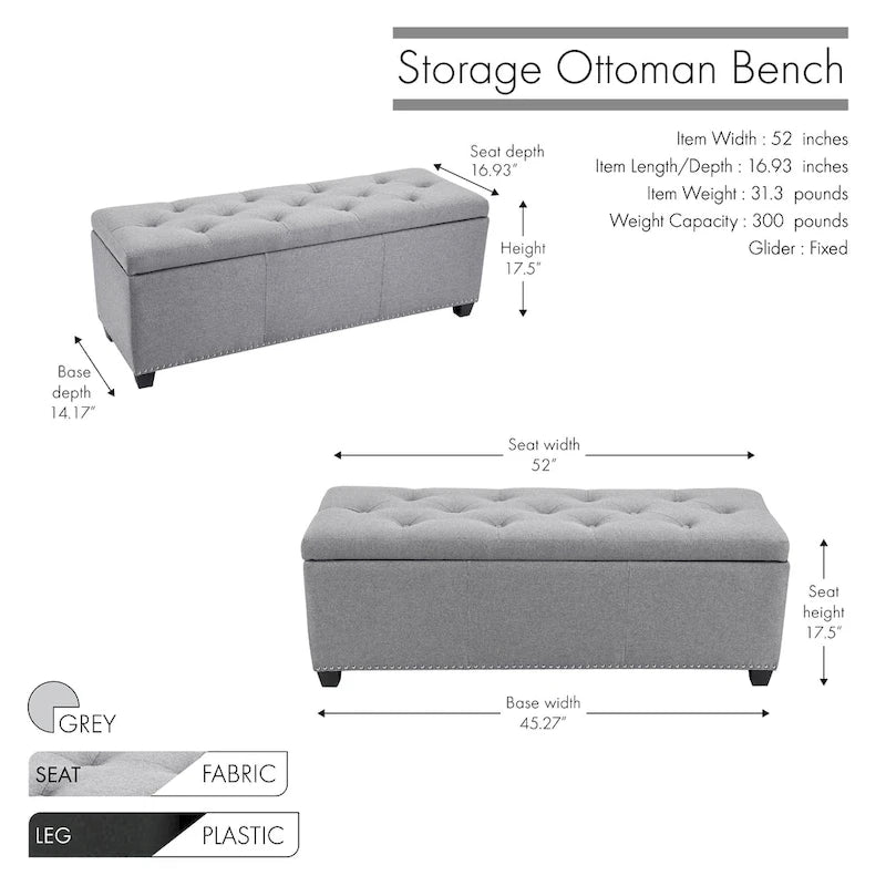 Banc de rangement ottoman en tissu capitonné sable / gris / gris foncé avec garniture cloutée – Simple