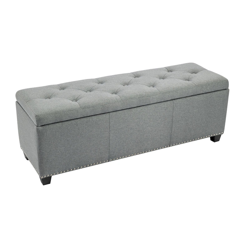 Banc de rangement ottoman en tissu capitonné sable / gris / gris foncé avec garniture cloutée – Simple