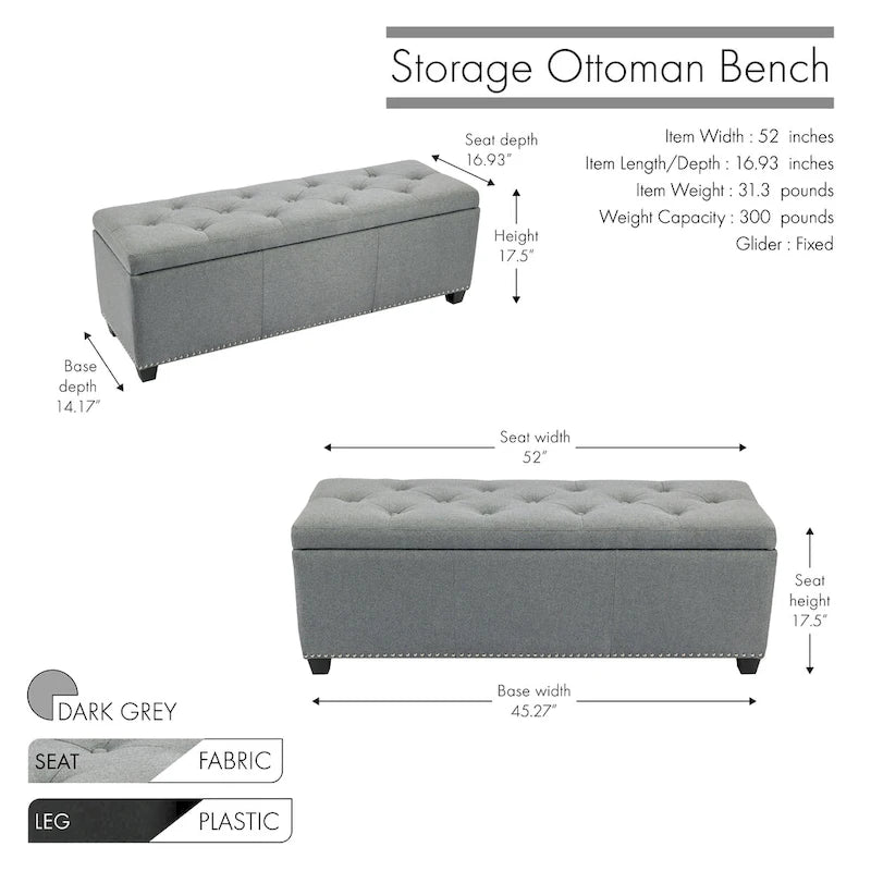 Banc de rangement ottoman en tissu capitonné sable / gris / gris foncé avec garniture cloutée – Simple