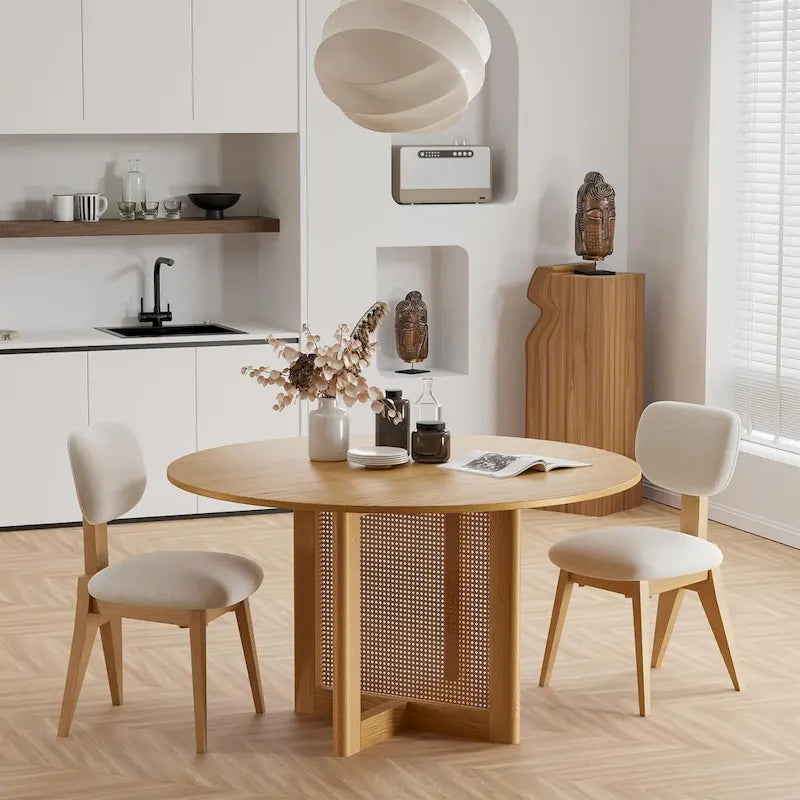 Table à manger ronde en chêne massif noir/bois naturel avec pieds en rotin – 6 places