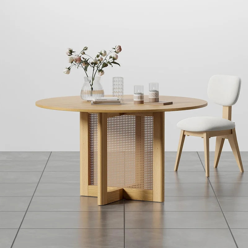 Table à manger ronde en chêne massif noir/bois naturel avec pieds en rotin – 6 places