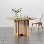 Table à manger ronde en chêne massif noir/bois naturel avec pieds en rotin – 6 places
