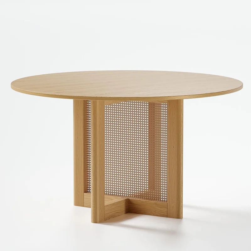 Table à manger ronde en chêne massif noir/bois naturel avec pieds en rotin – 6 places
