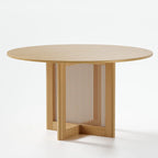 Table à manger ronde en chêne massif noir/bois naturel avec pieds en rotin – 6 places