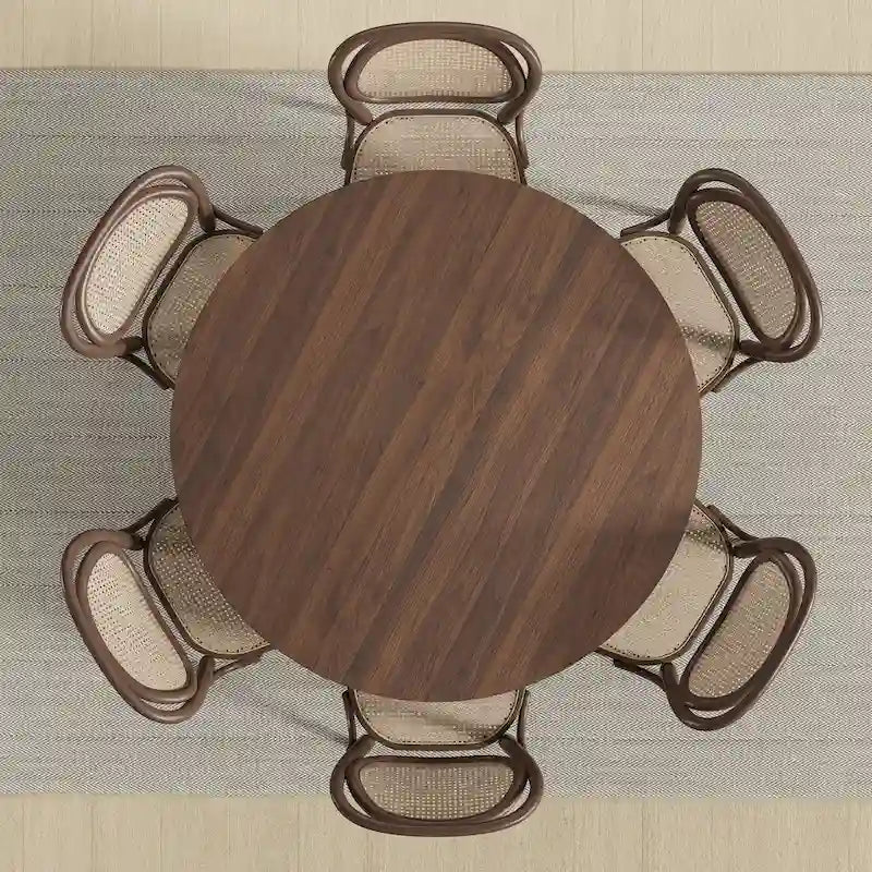 Table à manger ronde en chêne massif noir/bois naturel avec pieds en rotin – 6 places