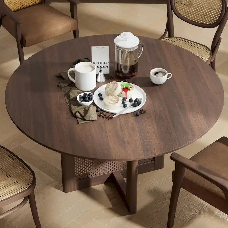 Table à manger ronde en chêne massif noir/bois naturel avec pieds en rotin – 6 places