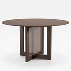 Table à manger ronde en chêne massif noir/bois naturel avec pieds en rotin – 6 places