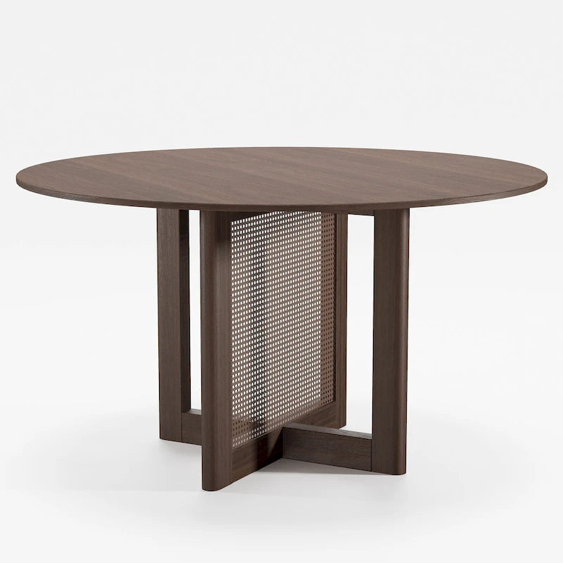 Table à manger ronde en chêne massif noir/bois naturel avec pieds en rotin – 6 places